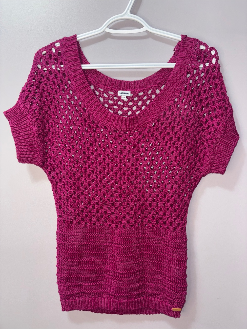 Kismet Scoop Neck Open Knit Fuchsia Magenta Short Sleeve Sweater Sz M